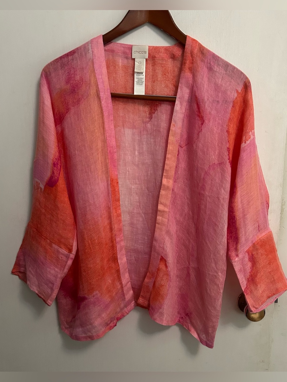 Chico’s linen kimono cardigan open front lightweight pink watercolor size small
